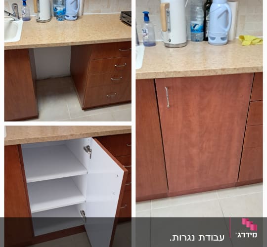 ארונות מטבח מעץ עם דלתות פתוחות וסגורות
